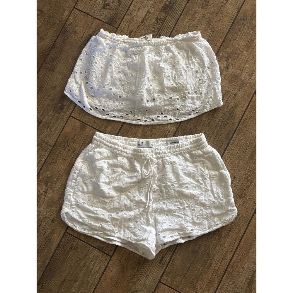 White Hollister 2 pc Bandeau Tube Top Shorts Set Cropped Small S High Waist